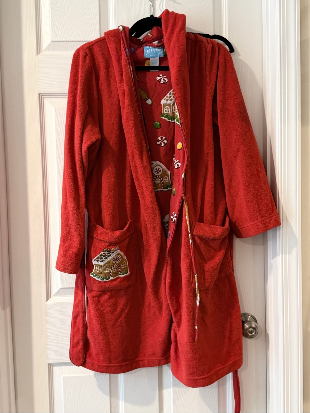 Nick & Nora Red Hooded Fleece Robe with Gingerbread Trim